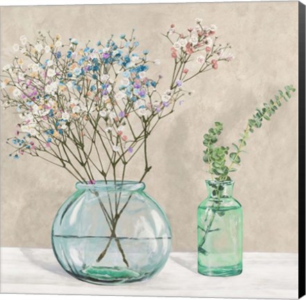 Framed Floral Setting with Glass Vases I Print
