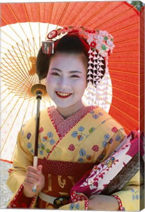 Framed Young Geisha with Umbrella Print
