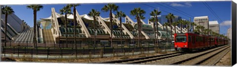 Framed MTS commuter train moving on tracks, San Diego Convention Center, San Diego, California, USA Print