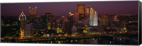 Framed High angle view of buildings lit up at night, Pittsburgh, Pennsylvania, USA Print