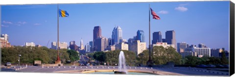 Framed Fountain at art museum with city skyline, Philadelphia, Pennsylvania, USA Print