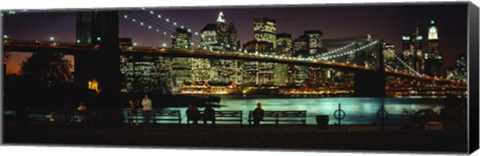 Framed Suspension bridge lit up at dusk, Brooklyn Bridge, East River, Manhattan, New York City, New York State, USA Print