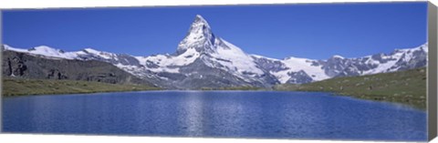 Framed Panoramic View Of A Snow Covered Mountain By A Lake, Matterhorn, Zermatt, Switzerland Print