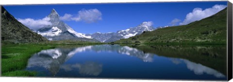 Framed Reflection of mountains in water, Riffelsee, Matterhorn, Switzerland Print