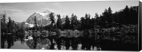 Framed Reflection of trees and mountains in a lake, Mount Shuksan, North Cascades National Park, Washington State (black and white) Print