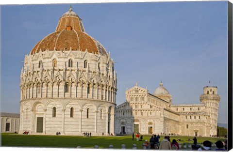 Framed Tourists at baptistery with cathedral, Pisa Cathedral, Pisa Baptistry, Piazza Dei Miracoli, Pisa, Tuscany, Italy Print
