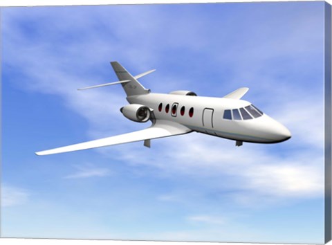 Framed Private jet plane flying in cloudy blue sky Print