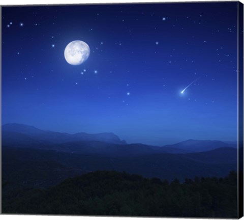 Framed Mountain range on a misty night with moon, starry sky and falling meteorite Print
