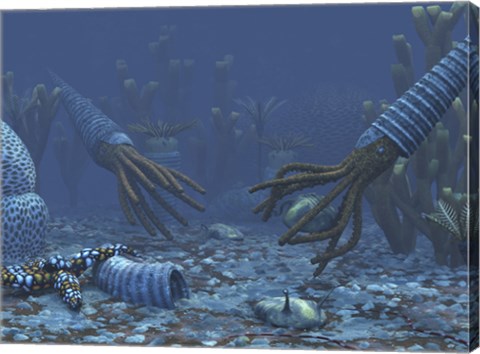 Framed Squid-like Orthoceratites attempt to make meals of trilobites Print