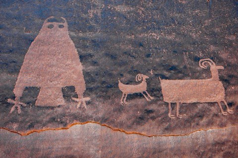 Framed Ancient Petroglyph Of Owl And Big Horn Sheep, Utah Print