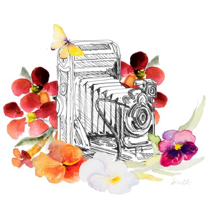 Framed Camera Sketch on Fall Floral I Print