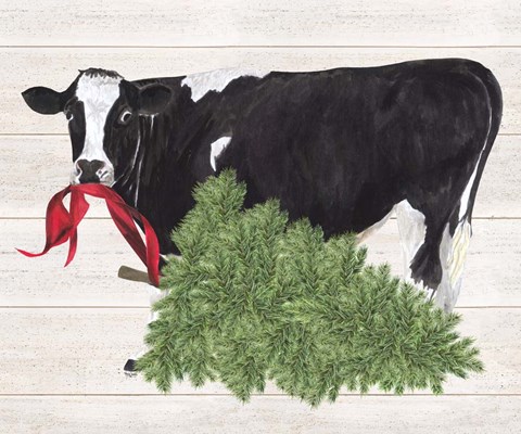 Framed Christmas on the Farm II Cow with Tree Print
