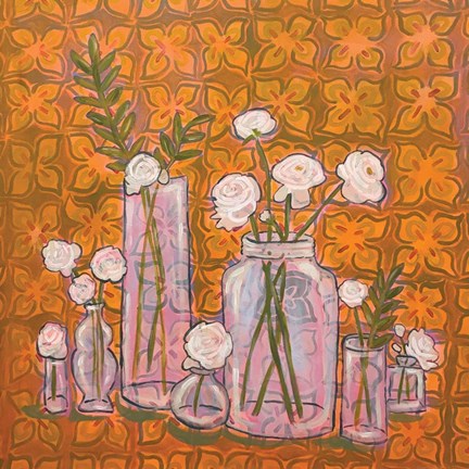 Framed Flowers in Vases on Orange Print