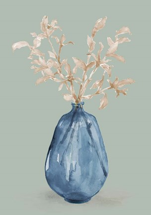 Framed Cotton Stems In Blue Vase Print