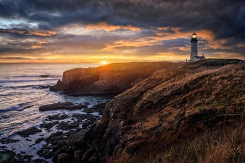 Framed Sunset at Yaquina Head Lighthouse Print