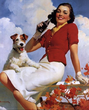 Framed Coca-Cola Lady with Dog Print
