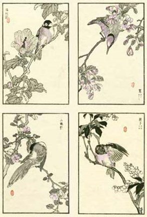 Framed Woodblock Oriental Birds Print