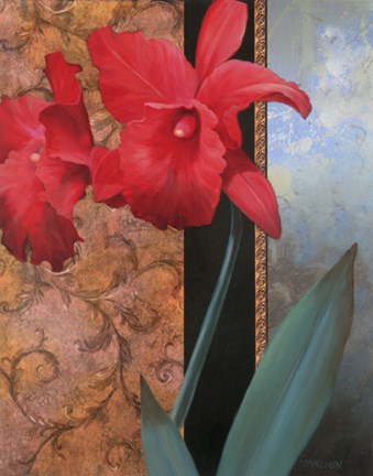 Framed Red Orchid/Teal Damasque Print