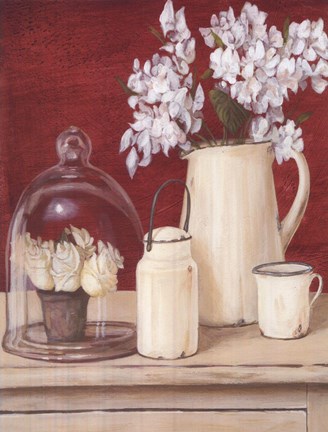 Framed White Flowers In Pitcher With Milk Can Print
