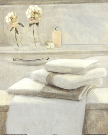Framed Towels Flowers On Shelf Print