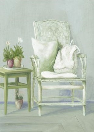 Framed White Wicker Chair With Pillows Print
