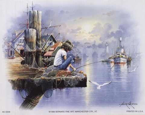 Framed Little Girl Fishing on Dock Print