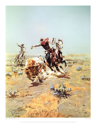 Framed Cowboy Roping A steer Print