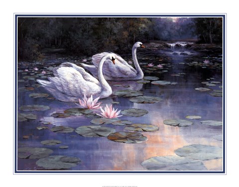 Framed Swans and Waterfall Print