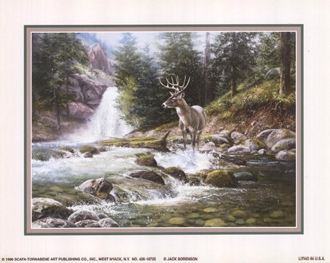 Framed Bucks Near Waterfall Print