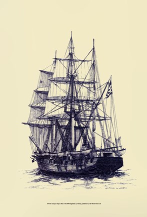 Framed Antique Ship in Blue II Print