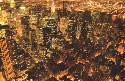 Framed New York - Manhattan at Night Golden Print