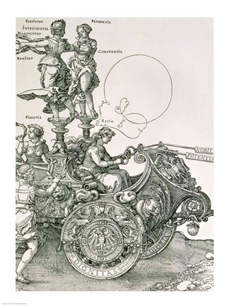 Framed Design for &#39;The Great Triumphal Chariot of Emperor Maximilian I&#39;: detail showing the Virtues steering the team of horses Print