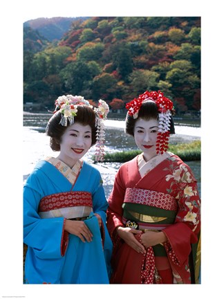 Framed Geishas by a River Print