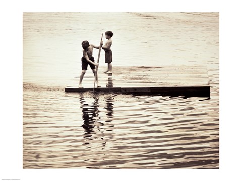 Framed Two boys standing on a wooden platform in a lake Print