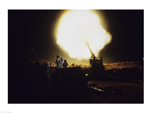 Framed M198 Towed Howitzer Night Fire Print