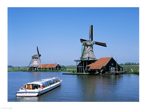 Framed Windmills and Canal Tour Boat, Zaanse Schans, Netherlands Print