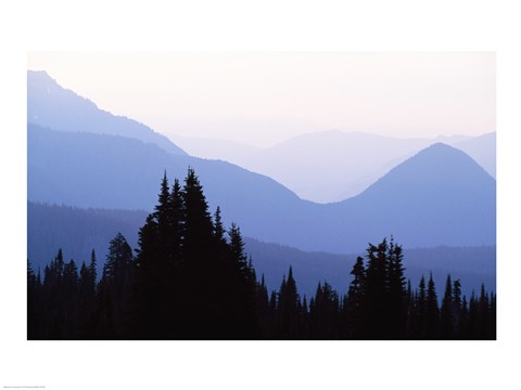 Framed Silhouette of mountains at sunrise, Mt Rainier, Mt Rainier National Park, Washington State, USA Print