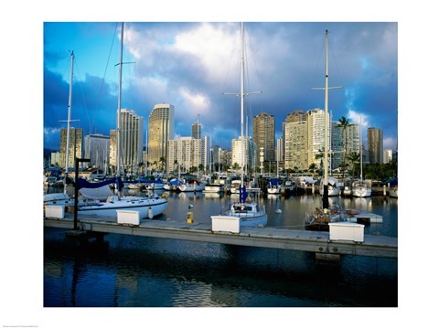 Framed Sailboats docked in a harbor, Ala Wai Marina, Waikiki Beach, Honolulu, Oahu, Hawaii, USA Print