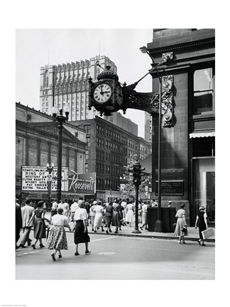 Framed Clock mounted on the wall of a building, Marshall Field Clock, Marshall Field and Company, Chicago, Illinois, USA Print