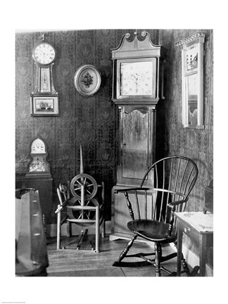 Framed Antique clocks in a living room Print