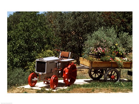 Framed Tractor with a wagon filled with flowers, Provence, Provence-Alpes-Cote d&#39;Azur, France Print