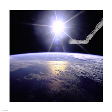 Framed Robot Arm Over Earth with Sunburst Print