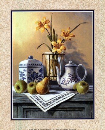 Framed Country Tea Set with Yellow Lilies Print