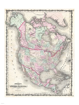 Framed 1862 Johnson Map of North America Print