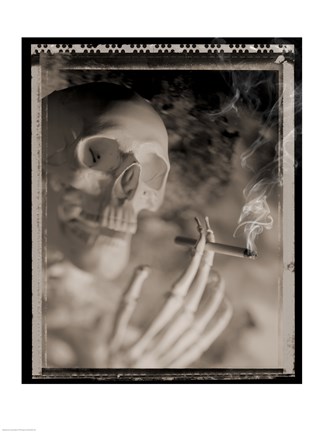 Framed Side profile of a skeleton holding a cigarette Print