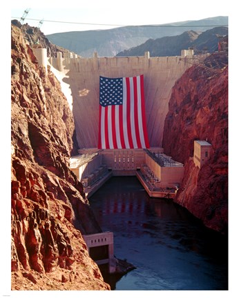 Framed Hoover Dam with large  American flag Print