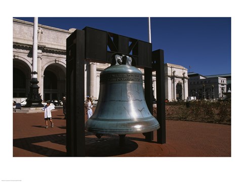 Framed Large bell in front of a railway station, Union Station, Washington DC, USA Print