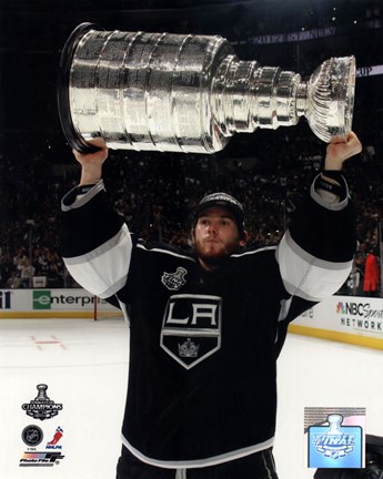 Framed Jonathan Quick with the Stanley Cup Trophy after Winning Game 6 of the 2012 Stanley Cup Finals Print