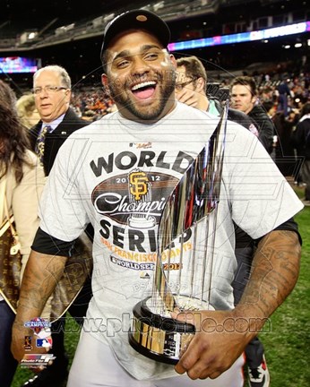 Framed Pablo Sandoval with the World Series MVP Trophy Game 4 of the 2012 World Series Print