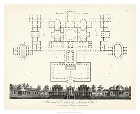 Framed Plan &amp; Elevation for a Roman Villa Print